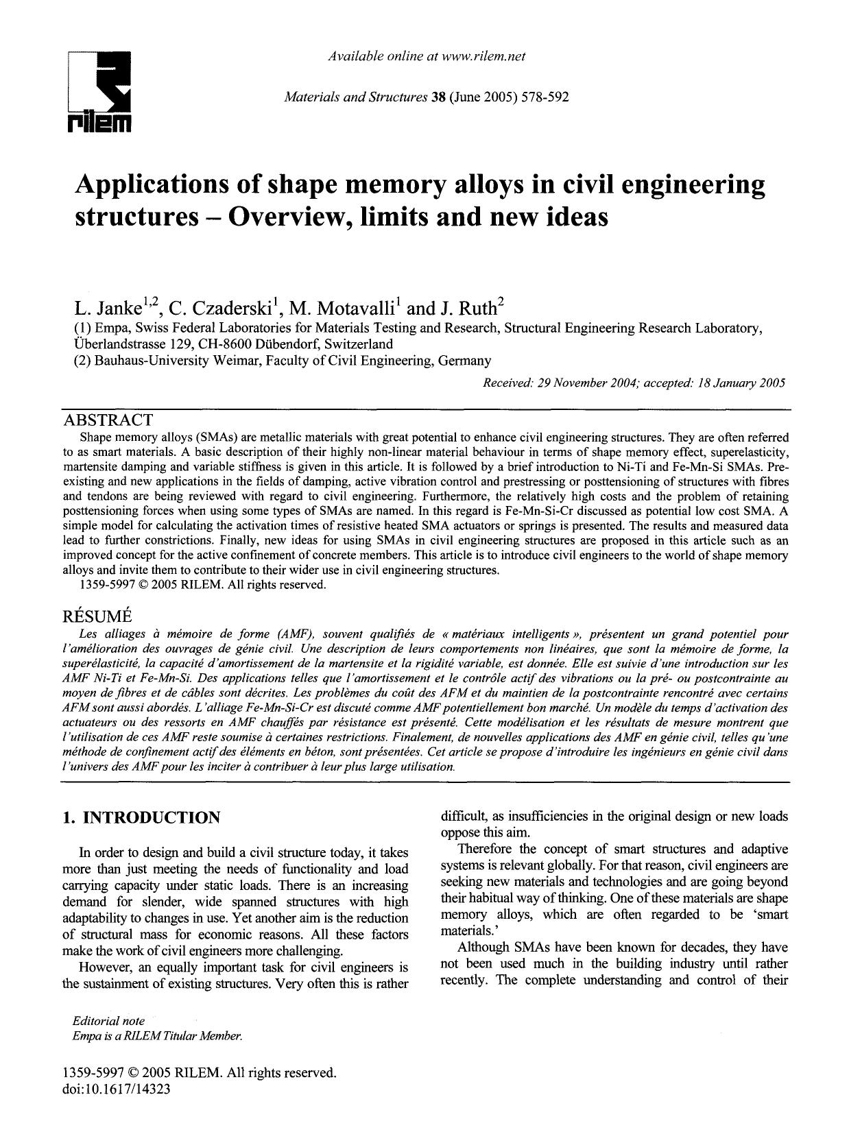 Applications of shape memory alloys in civil engineering structures&#x2014;Overview, limits and new ideas by Unknown