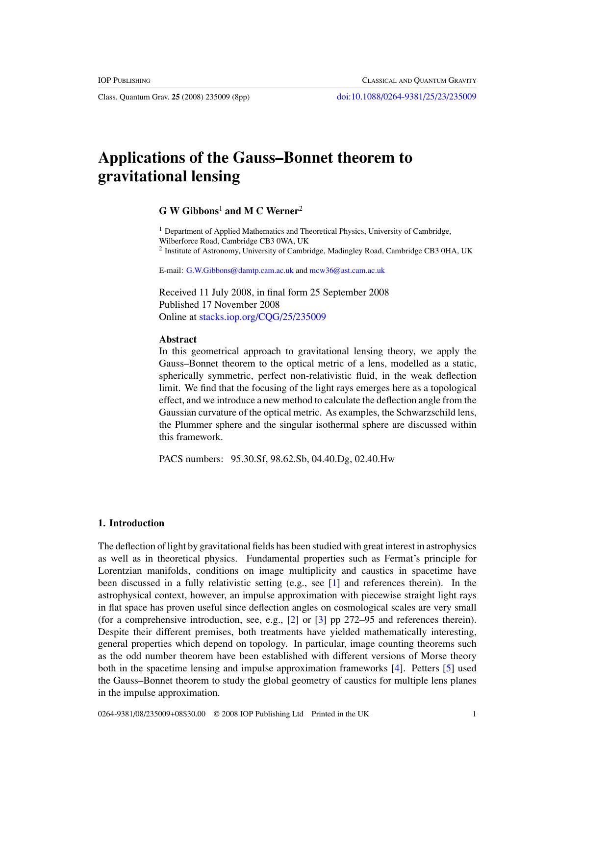 Applications of the Gauss--Bonnet theorem to gravitational lensing by G W Gibbons and M C Werner