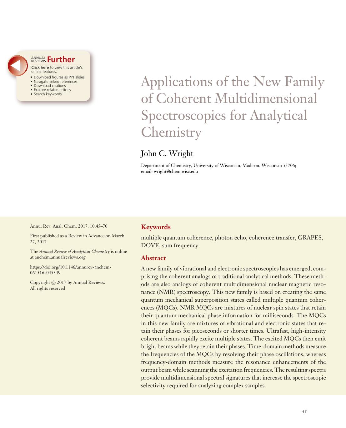 Applications of the New Family of Coherent Multidimensional Spectroscopies for Analytical Chemistry by John C. Wright