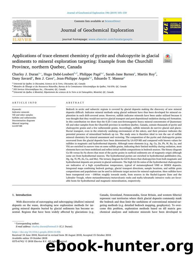 Applications of trace element chemistry of pyrite and chalcopyrite in glacial sediments to mineral exploration targeting_ Example from the Churchill Province, northern Quebec, Canada by unknow