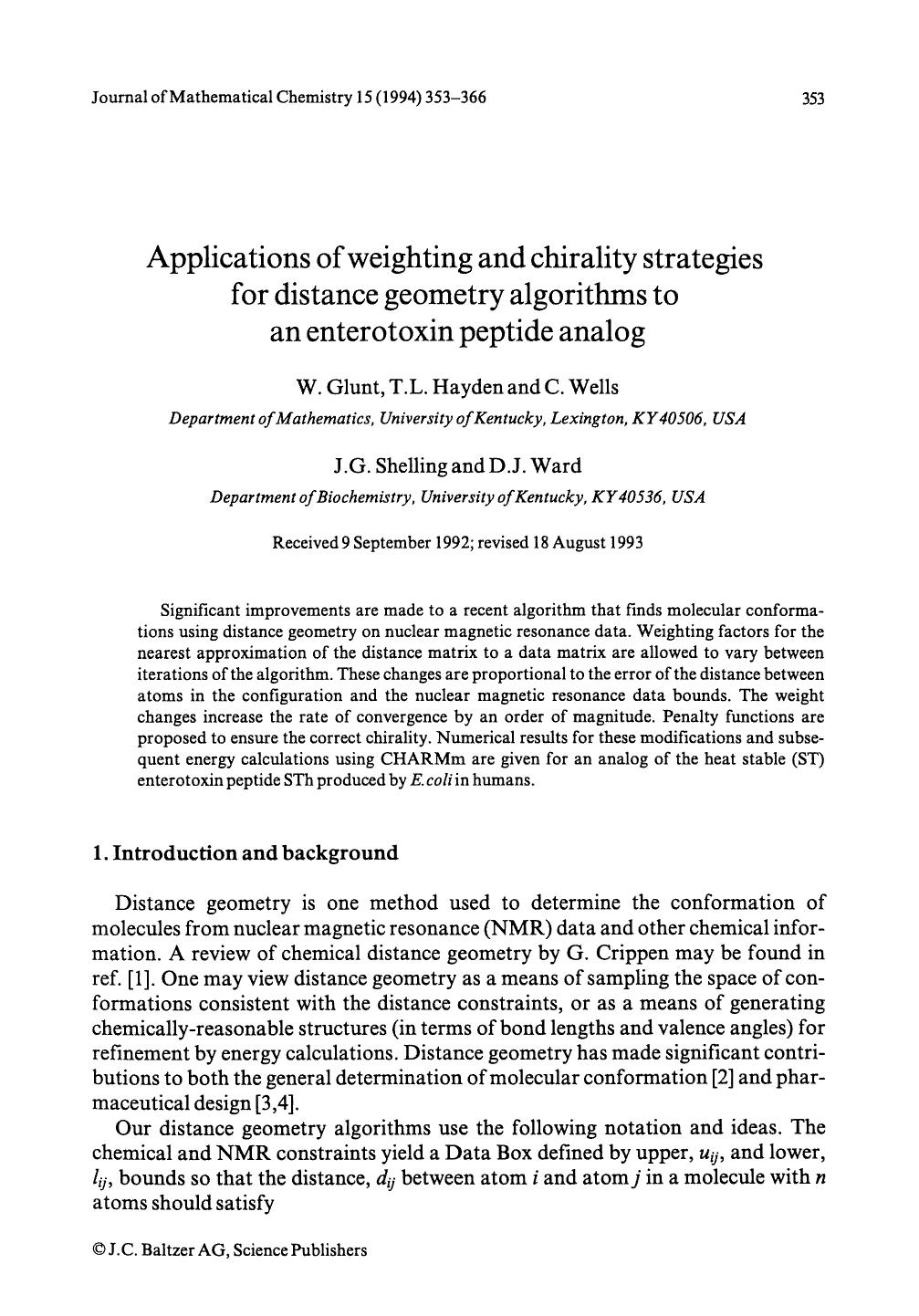 Applications of weighting and chirality strategies for distance geometry algorithms to an enterotoxin peptide analog by Unknown