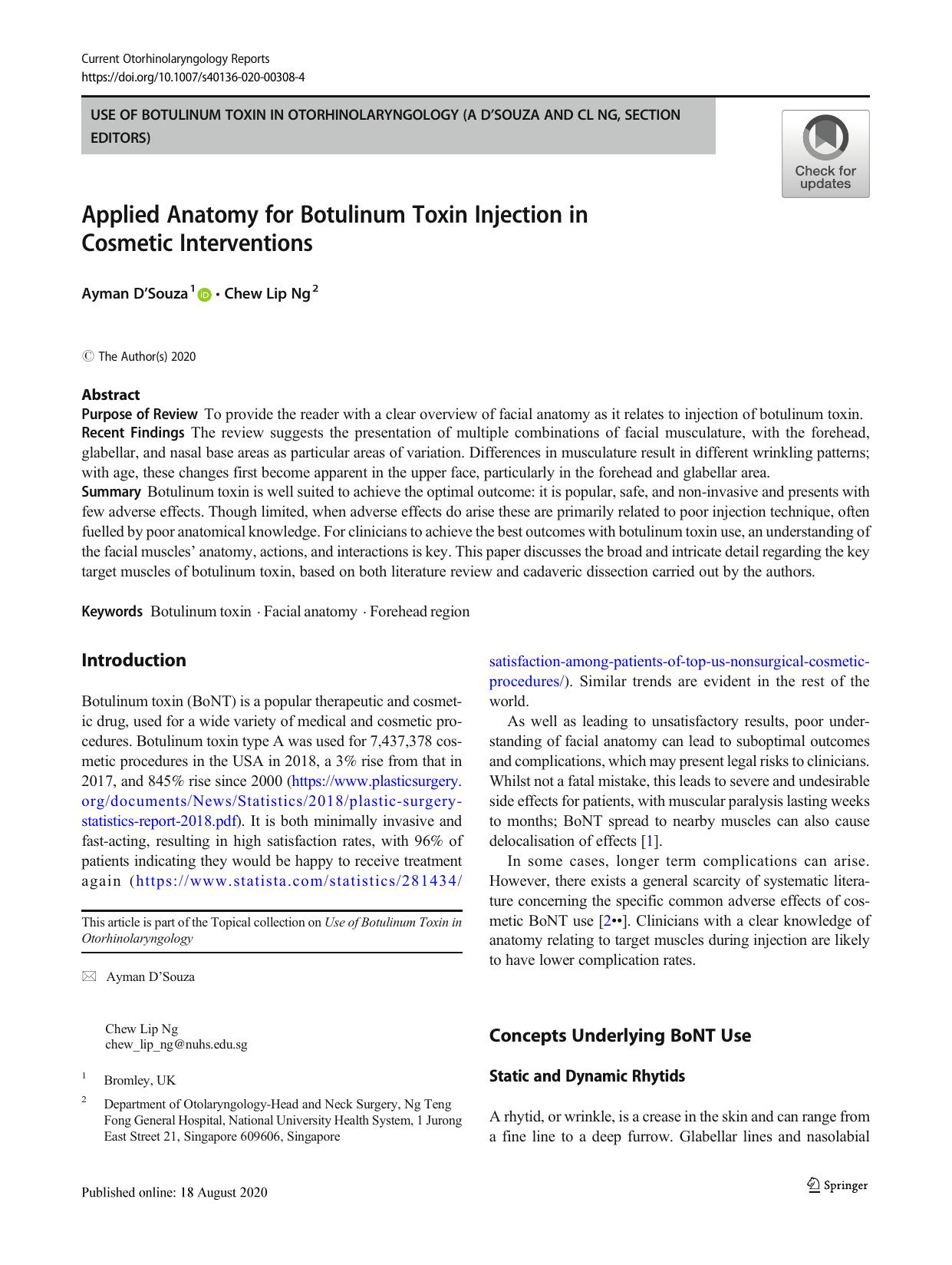 Applied Anatomy for Botulinum Toxin Injection in Cosmetic Interventions by Ayman D’Souza & Chew Lip Ng