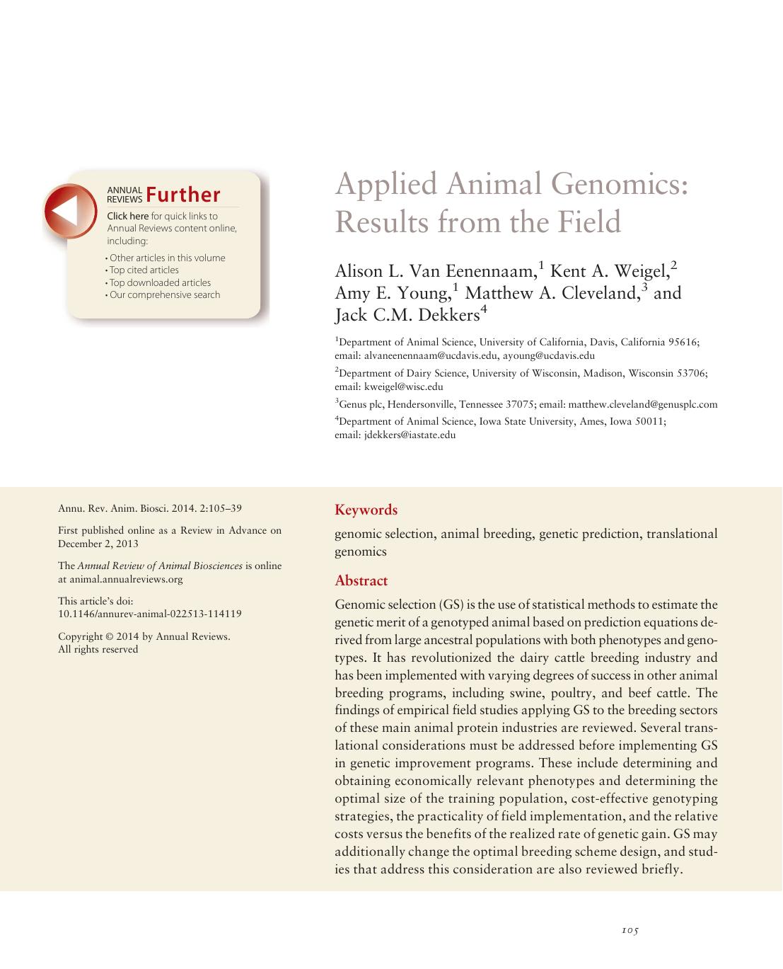 Applied Animal Genomics: Results from the Field by Alison L. Van Eenennaam Kent A. Weigel Amy E. Young Matthew A. Cleveland Jack C.M. Dekkers
