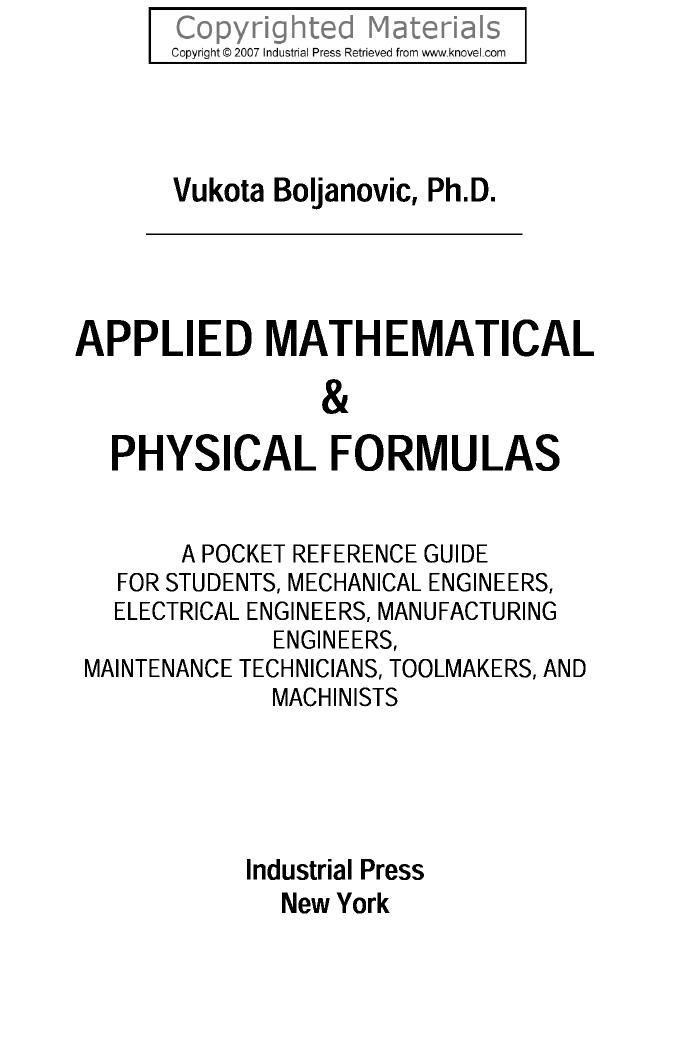 Applied Mathematical and Physical Formulas - Pocket Reference by Boljanovic Vukota