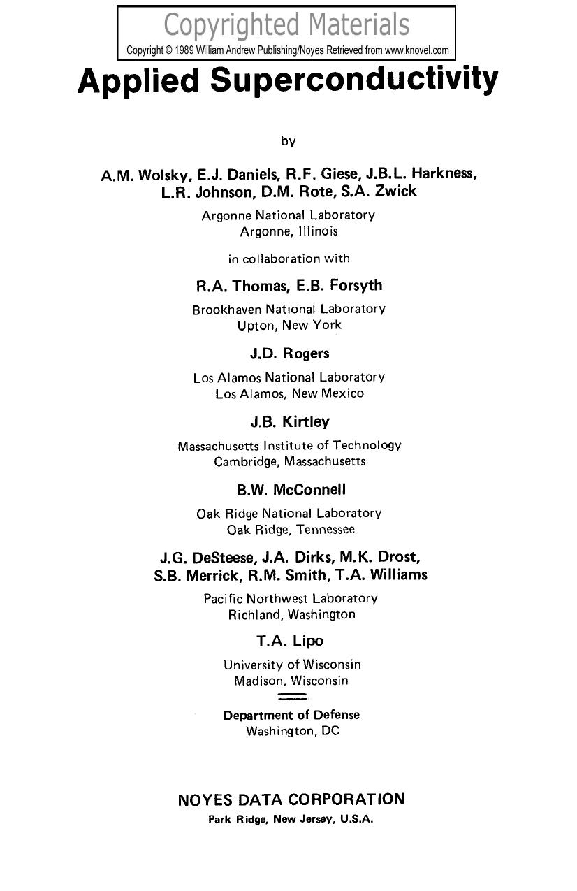 Applied Superconductivity by Wolsky A.M