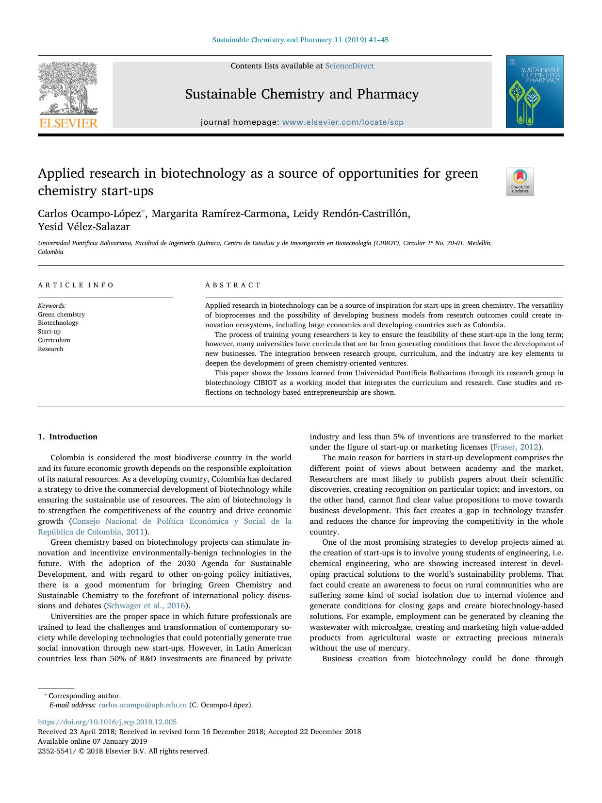 Applied research in biotechnology as a source of opportunities for green chemistry start-ups by Carlos Ocampo-López & Margarita Ramírez-Carmona & Leidy Rendón-Castrillón & Yesid Vélez-Salazar