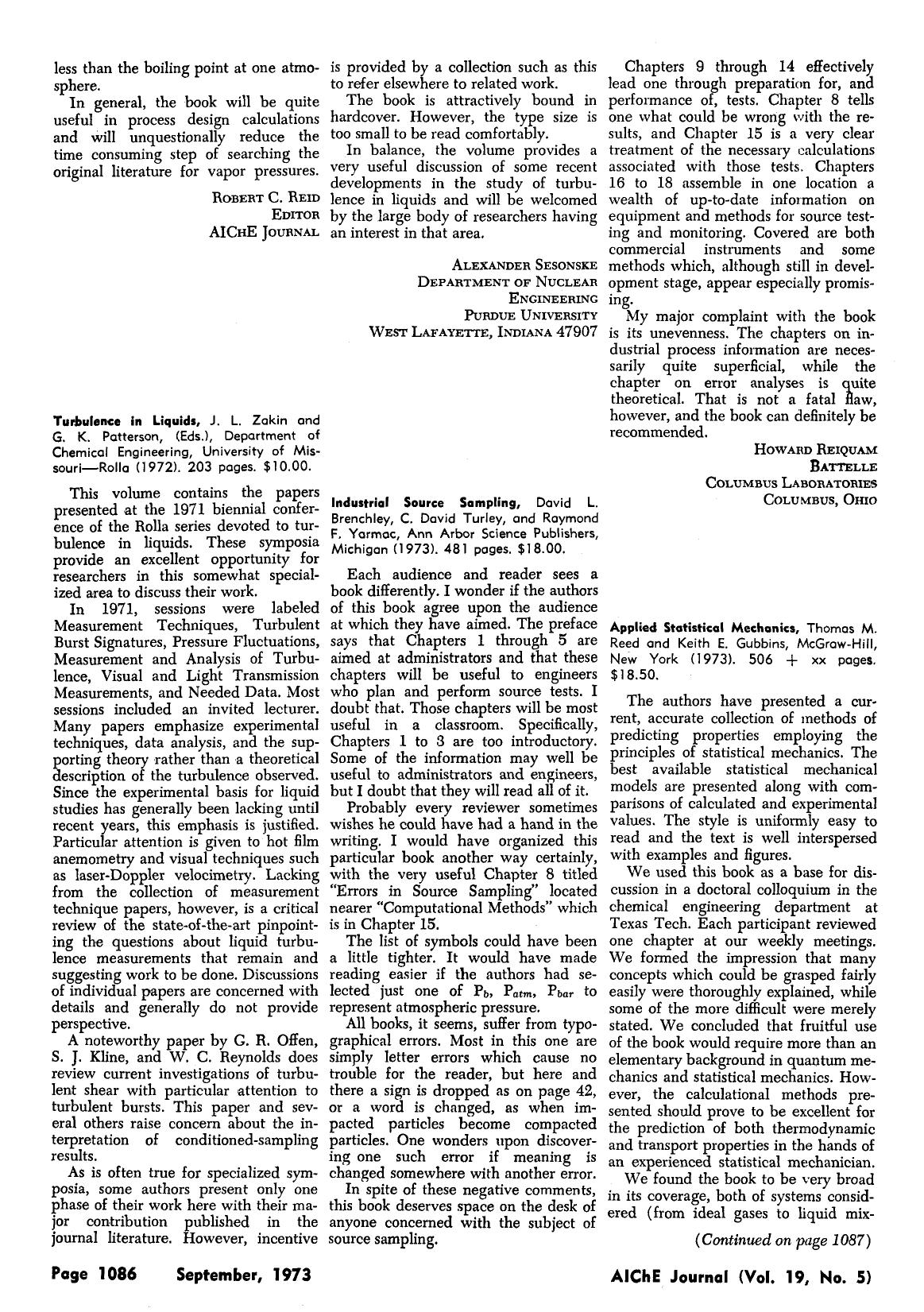 Applied statistical mechanics, Thomas M. Reed and Keith E. Gubbins, McGraw-Hill, New York (1973). 506 + xx pages. [dollar]18.50 by Unknown