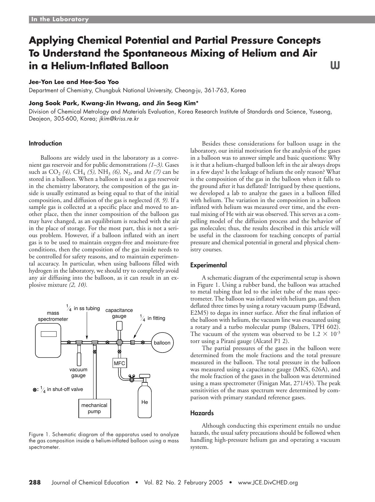 Applying Chemical Potential and Partial Pressure Concepts To Understand the Spontaneous Mixing of Helium and Air in a Helium-Inflated Balloon by Jee-Yon Lee Hee-Soo Yoo Jong Sook Park Kwang-Jin Hwang & Jin Seog Kim
