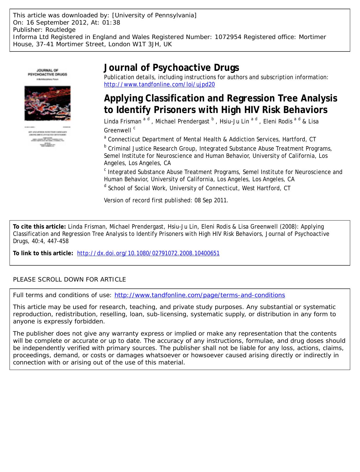 Applying Classification and Regression Tree Analysis to Identify Prisoners with High HIV Risk Behaviors by unknow