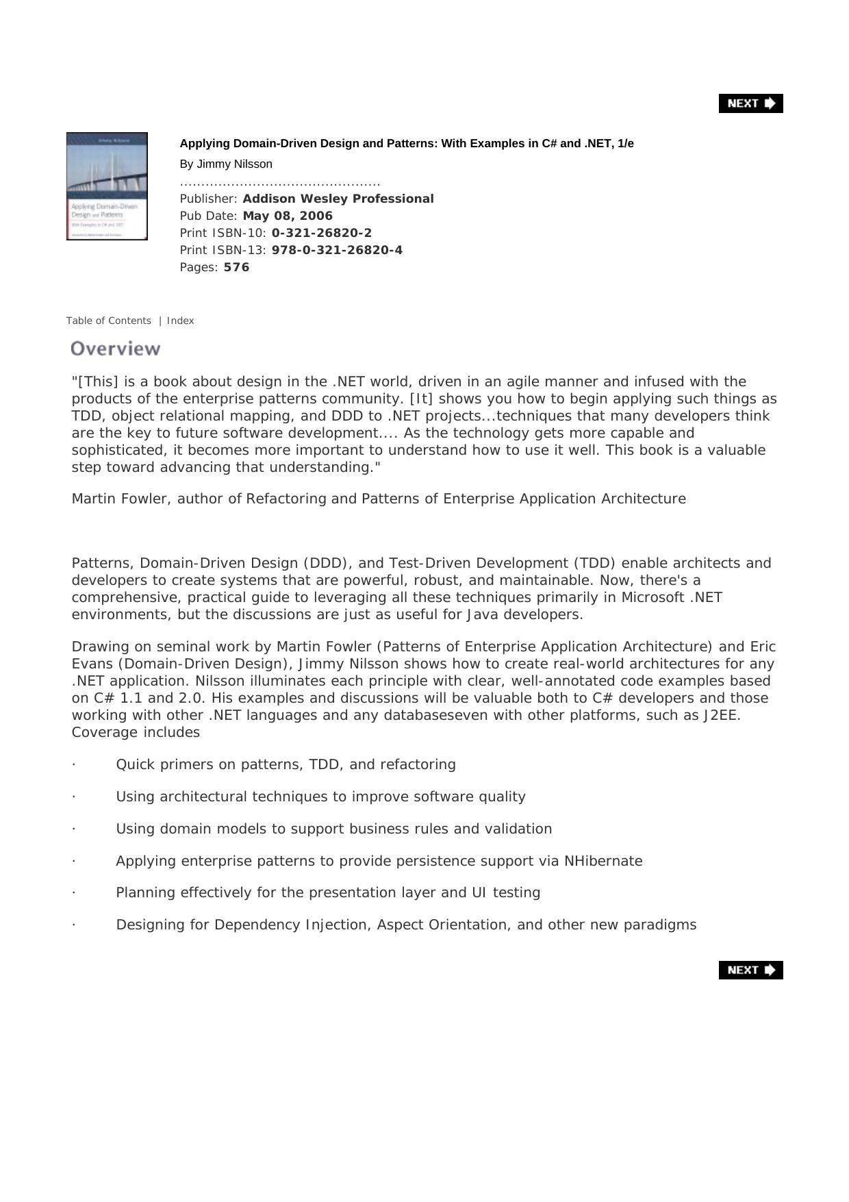 Applying Domain Driven Design and Patterns With Examples in C Sharp and dot NET by Jimmy Nilsson