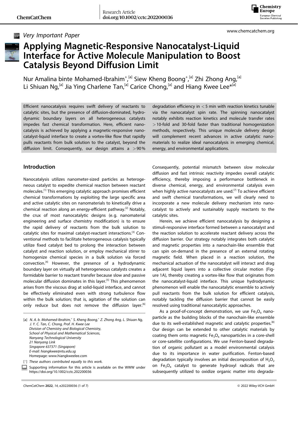 Applying MagneticâResponsive NanocatalystâLiquid Interface for Active Molecule Manipulation to Boost Catalysis Beyond Diffusion Limit by Unknown