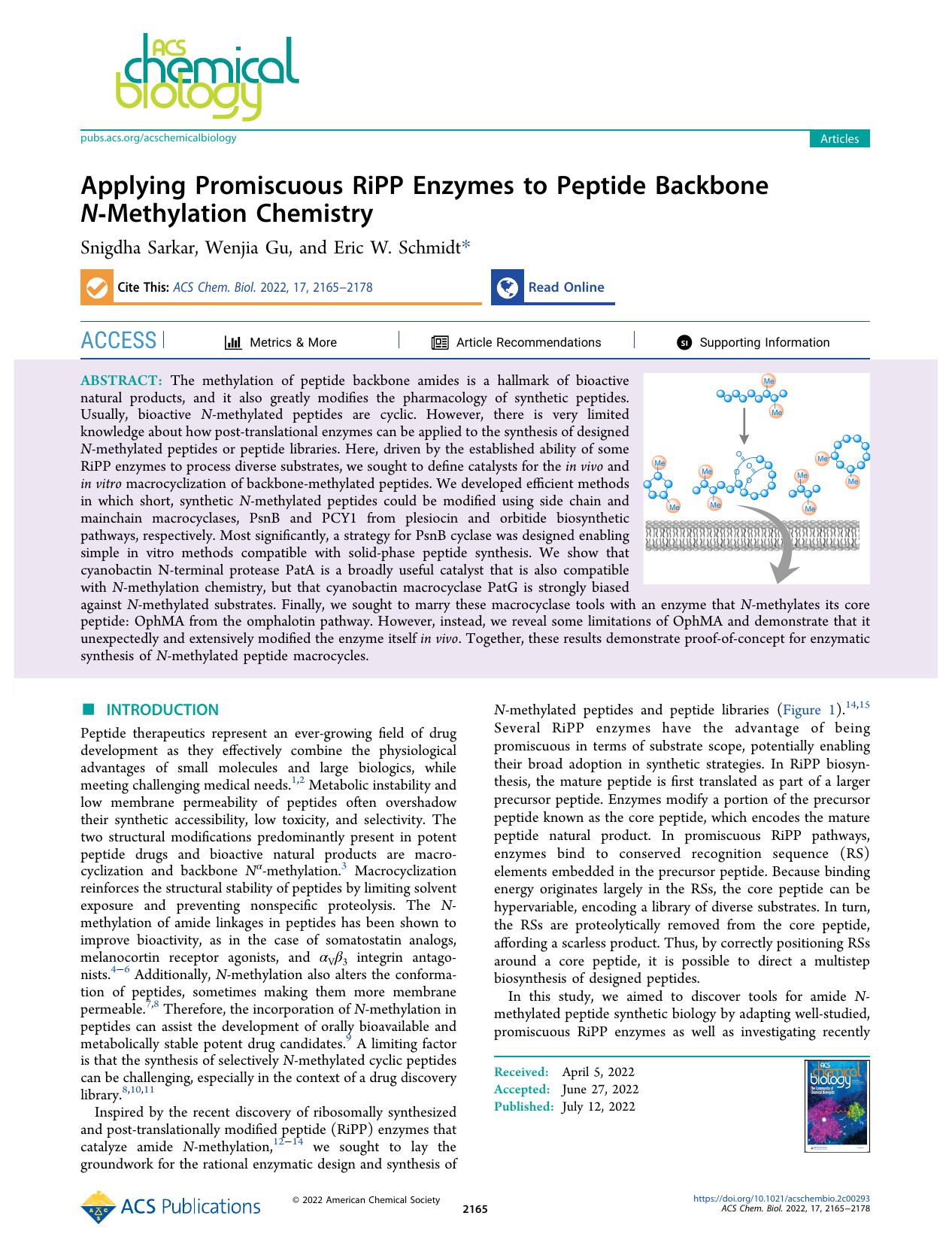 Applying Promiscuous RiPP Enzymes to Peptide Backbone N-Methylation Chemistry by Snigdha Sarkar Wenjia Gu and Eric W. Schmidt