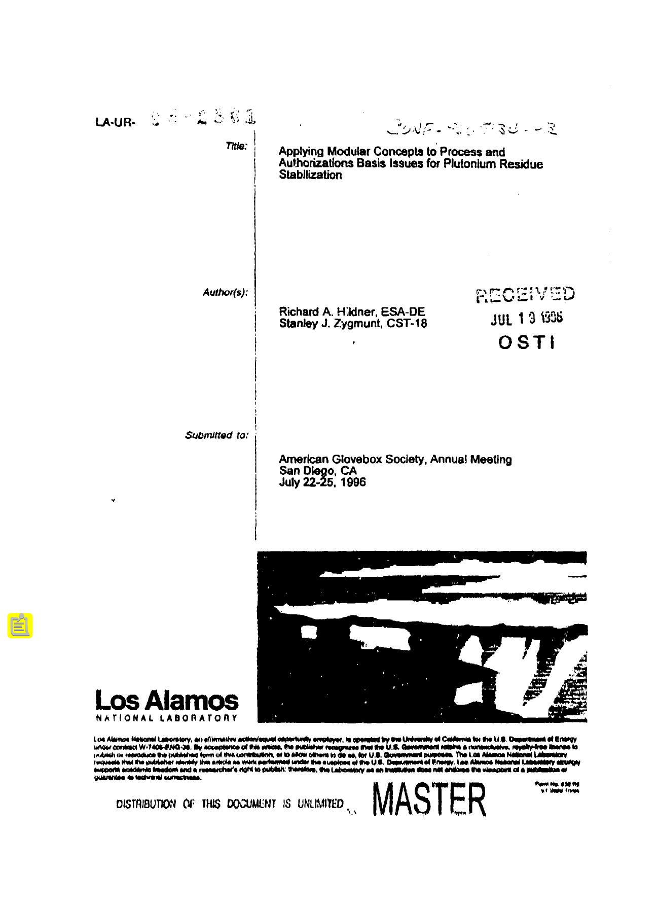 Applying modular concepts to process and authorization basis issues for plutonium residue stabilization None by LANL Research Library LWW Project