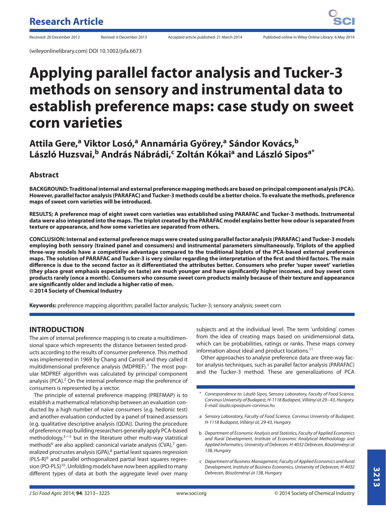 Applying parallel factor analysis and Tucker-3 methods on sensory and instrumental data to establish preference maps: case study on sweet corn varieties by Unknown