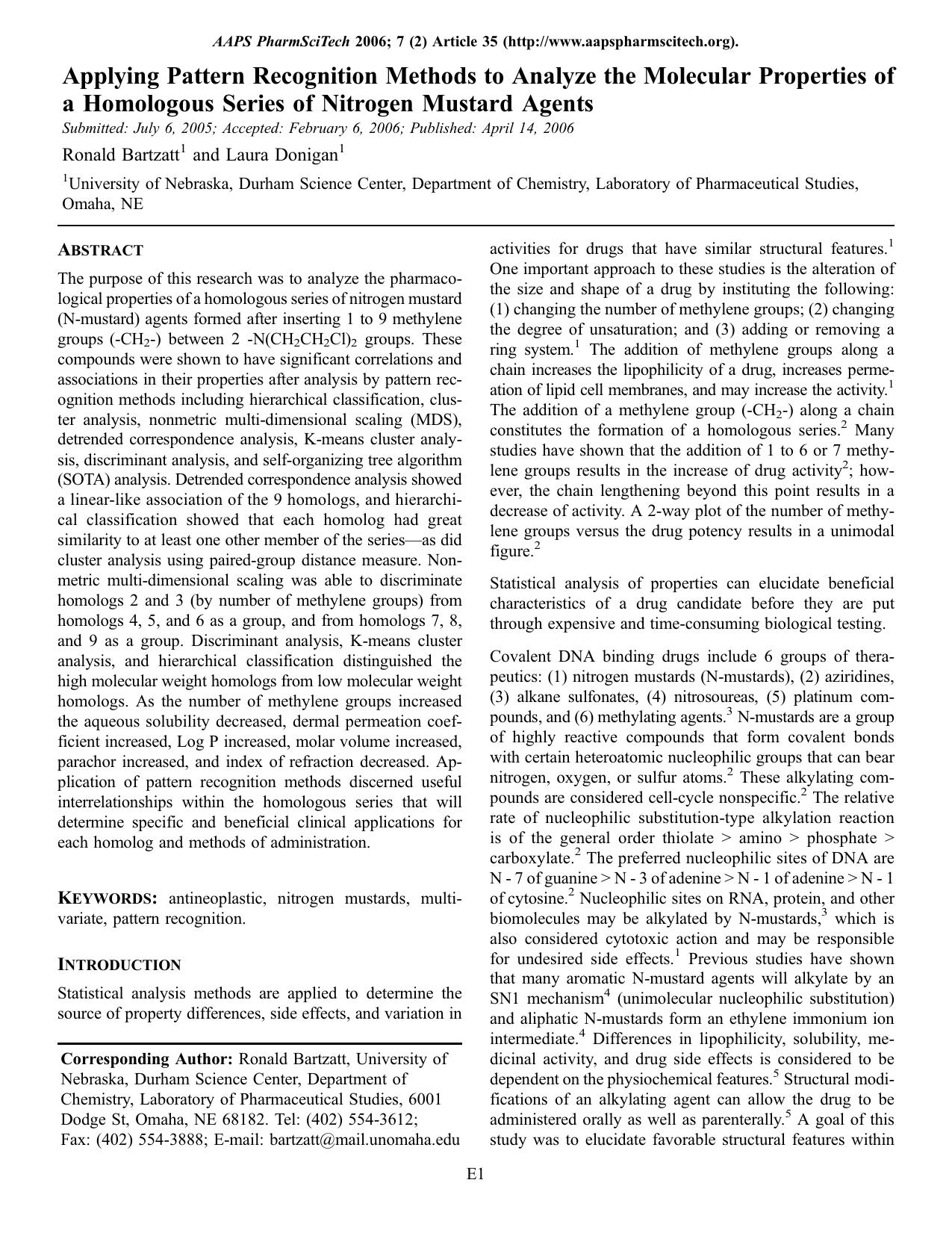 Applying pattern recognition methods to analyze the molecular properties of a homologous series of nitrogen mustard agents by Unknown