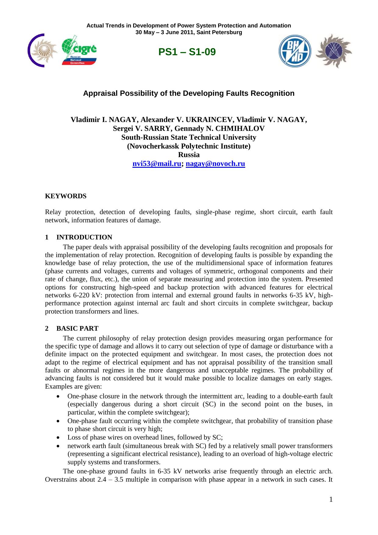 Appraisal Possibility of the Developing Faults Recognition by Nagay Vladimir I. Ukraincev Alexander V. Sarry Sergei V. Chminalov Gennady N
