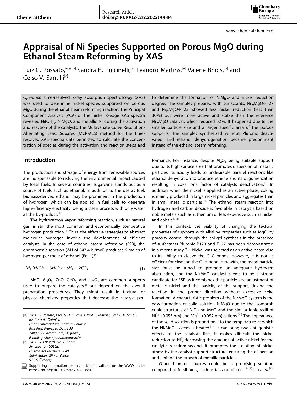 Appraisal of Ni Species Supported on Porous MgO during Ethanol Steam Reforming by XAS by Unknown