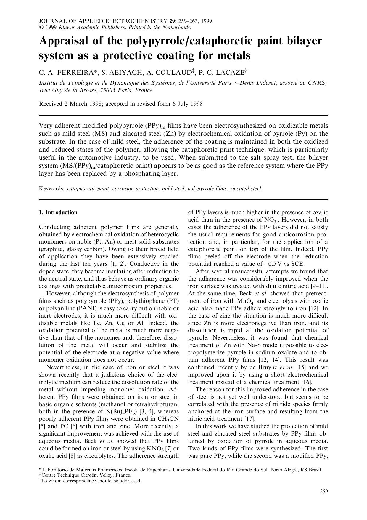 Appraisal of the polypyrrolecataphoretic paint bilayer system as a protective coating for metals by Unknown