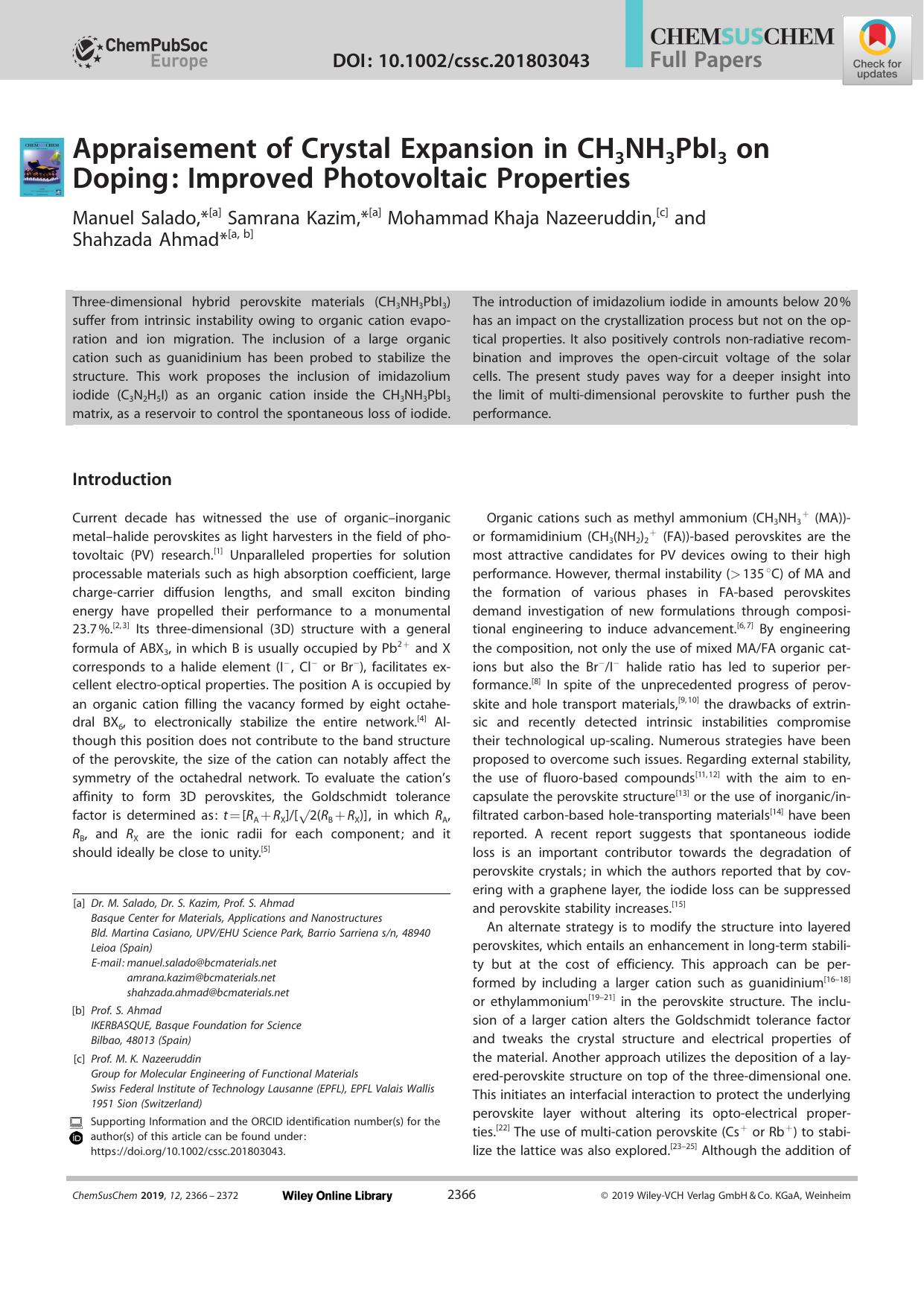 Appraisement of Crystal Expansion in CH3NH3PbI3 on Doping: Improved Photovoltaic Properties by Unknown