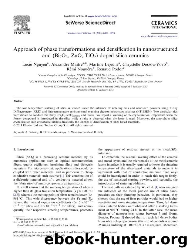 Approach of phase transformations and densification in nanostructured and (Bi2O3, ZnO, TiO2) doped silica ceramics by unknow