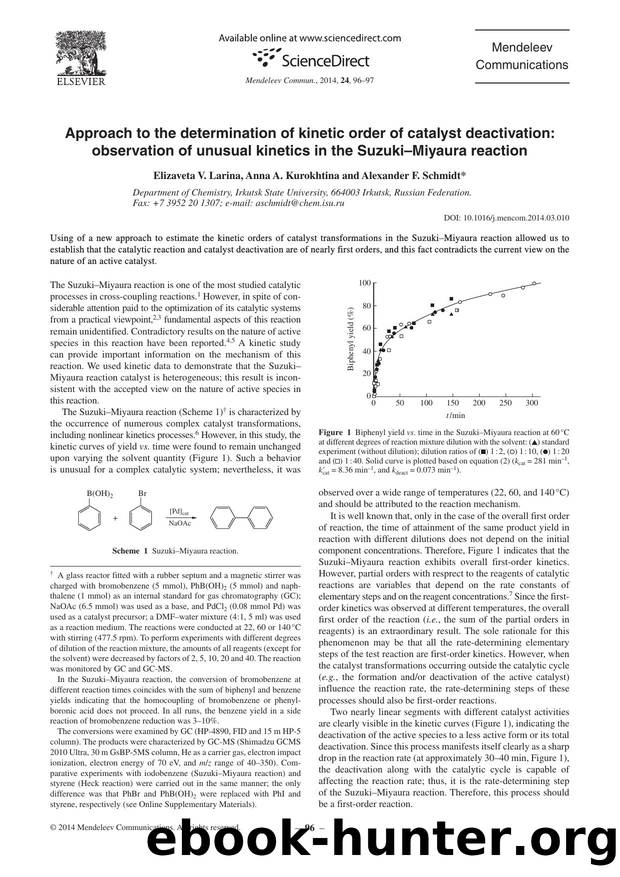 Approach to the Determination of Kinetic Order of Catalyst Deactivation: Observation of Unusual Kinetics in the Suzuki â Miyaura Reaction by Elizaveta V. Larina & Anna A. Kurokhtina & Alexander F. Schmidt