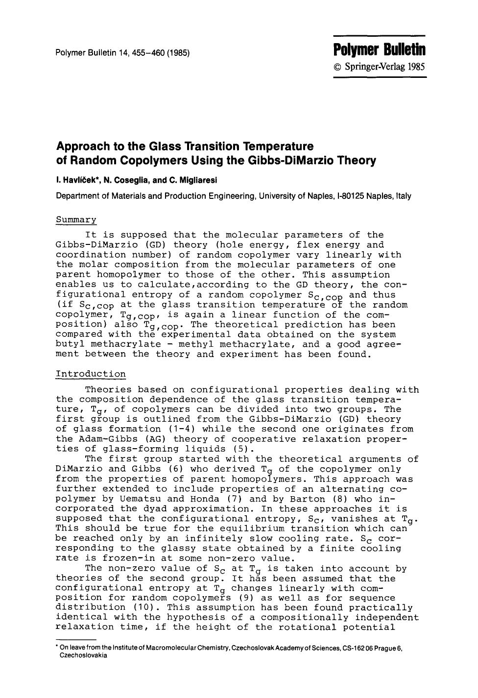 Approach to the glass transition temperature of random copolymers using the Gibbs-Dimarzio theory by Unknown