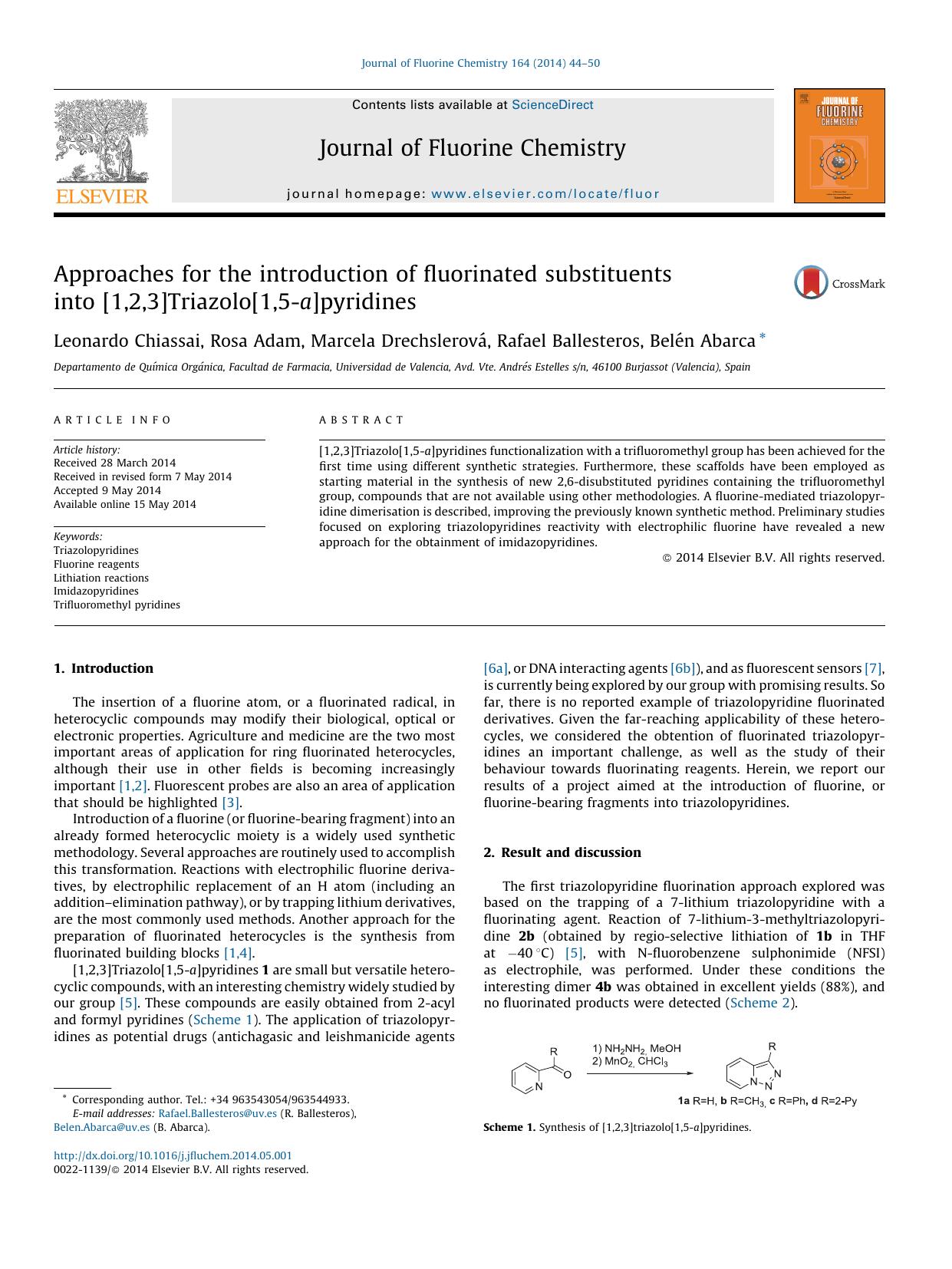 Approaches for the introduction of fluorinated substituents into [1,2,3]Triazolo[1,5-a]pyridines by Leonardo Chiassai & Rosa Adam & Marcela Drechslerová & Rafael Ballesteros & Belén Abarca