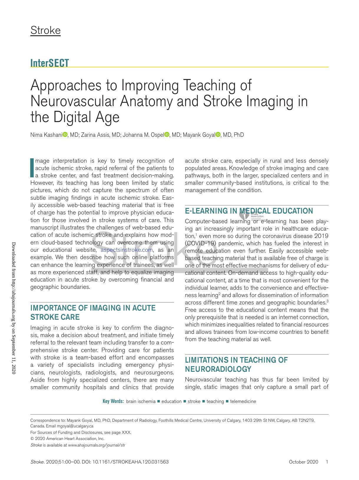 Approaches to Improving Teaching of Neurovascular Anatomy and Stroke Imaging in the Digital Age by Unknown