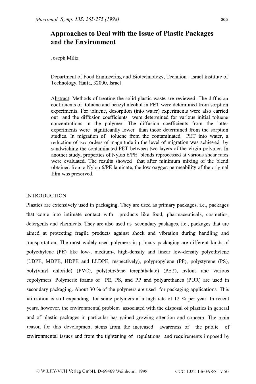 Approaches to deal with the issue of plastic packages and the environment by Unknown