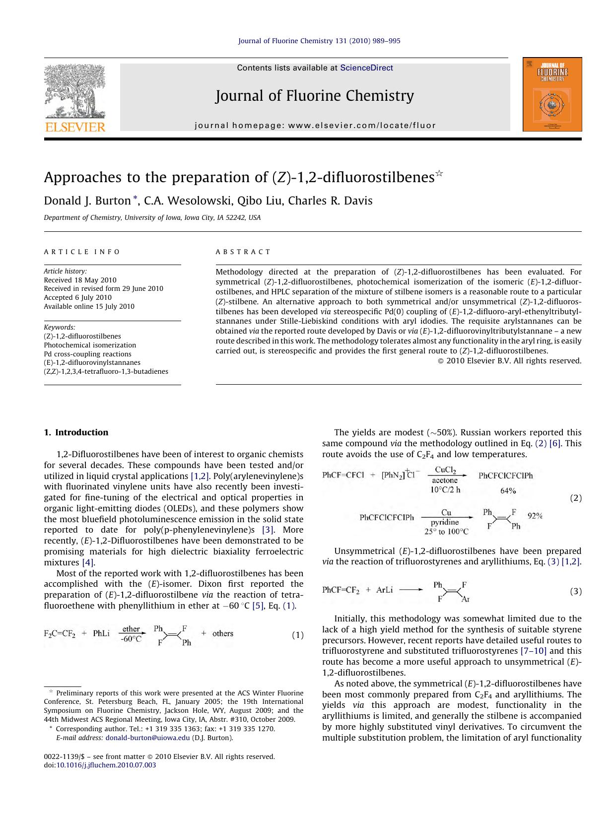 Approaches to the preparation of (Z)-1,2-difluorostilbenes by Donald J. Burton