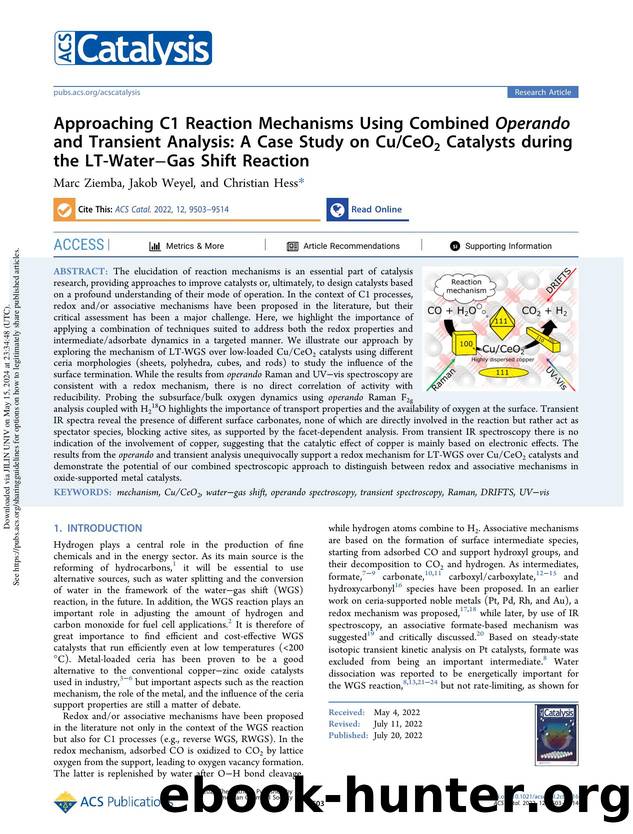 Approaching C1 Reaction Mechanisms Using Combined Operando and Transient Analysis: A Case Study on CuCeO2 Catalysts during the LT-WaterâGas Shift Reaction by Marc Ziemba Jakob Weyel & Christian Hess