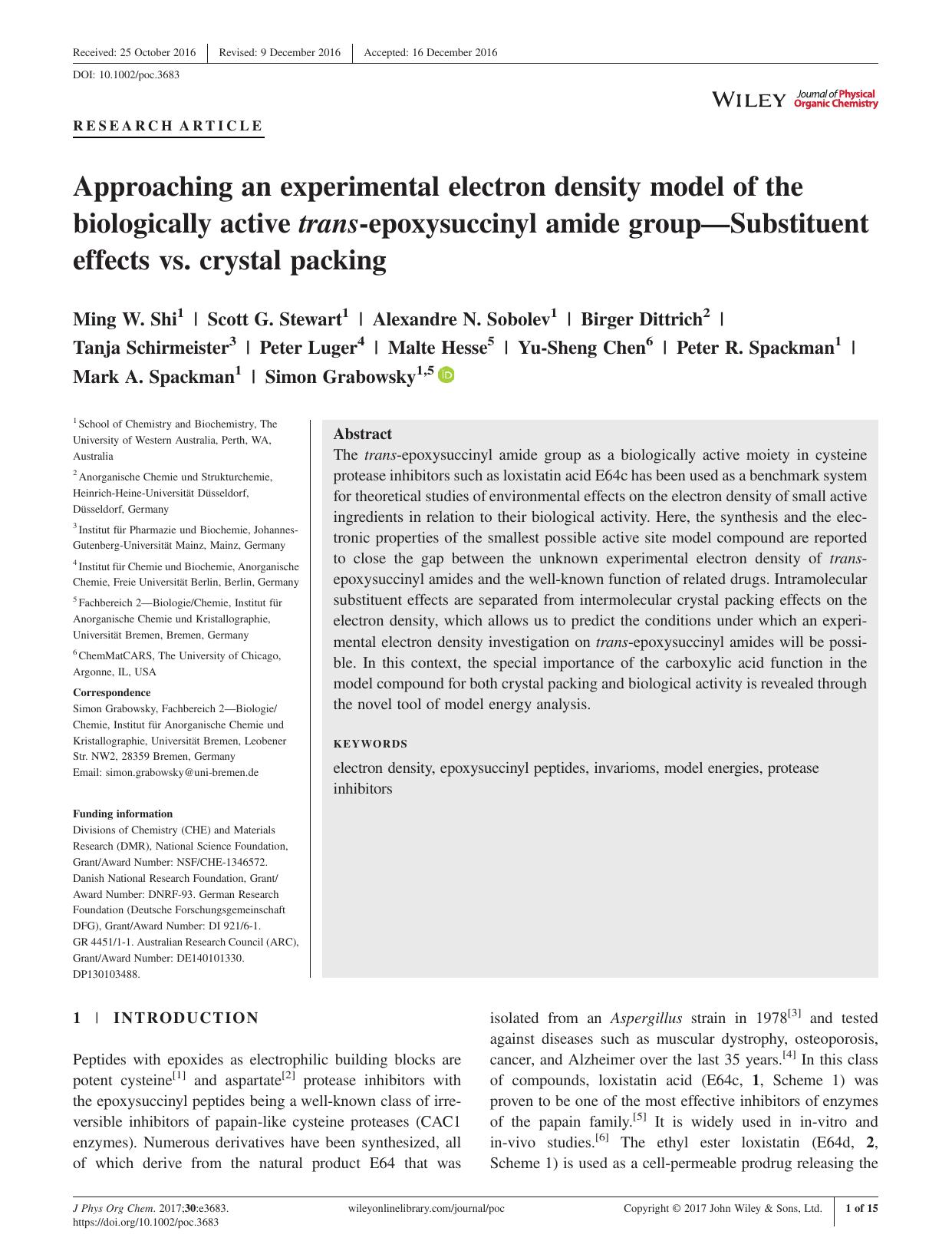Approaching an experimental electron density model of the biologically active trans-epoxysuccinyl amide groupâSubstituent effects vs. crystal packing by unknow