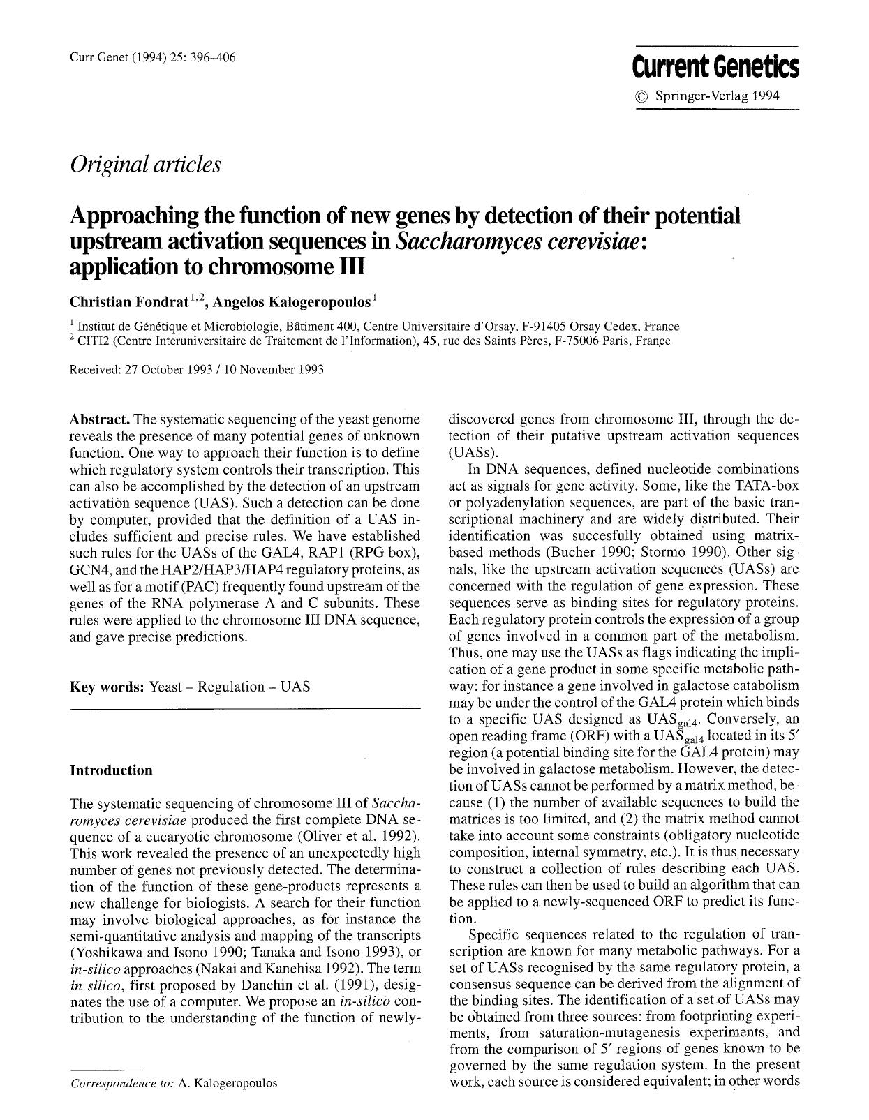 Approaching the function of new genes by detection of their potential upstream activation sequences in <Emphasis Type="Italic">Saccharomyces cerevisiae<Emphasis>: application to chromosome III by Unknown