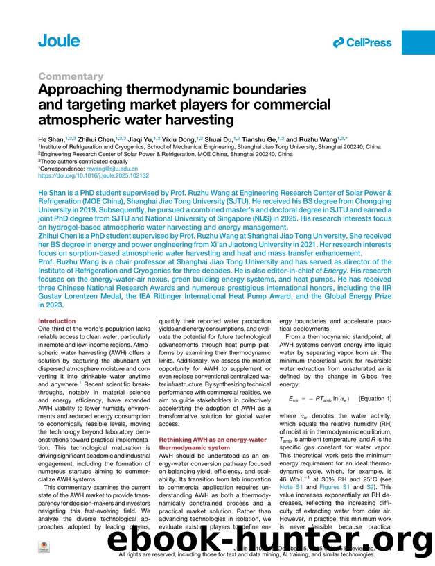 Approaching thermodynamic boundaries and targeting market players for commercial atmospheric water harvesting by He Shan & Zhihui Chen & Jiaqi Yu & Yixiu Dong & Shuai Du & Tianshu Ge & Ruzhu Wang