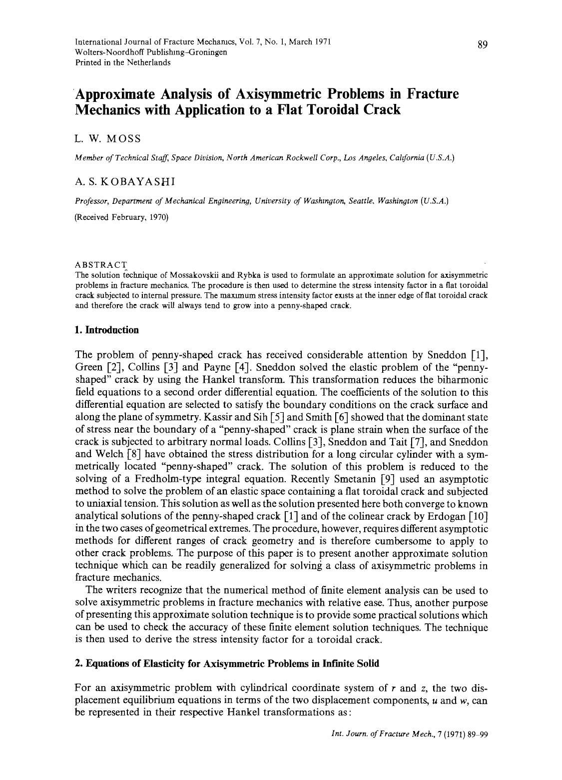 Approximate analysis of axisymmetric problems in fracture mechanics with application to a flat toroidal crack by Unknown