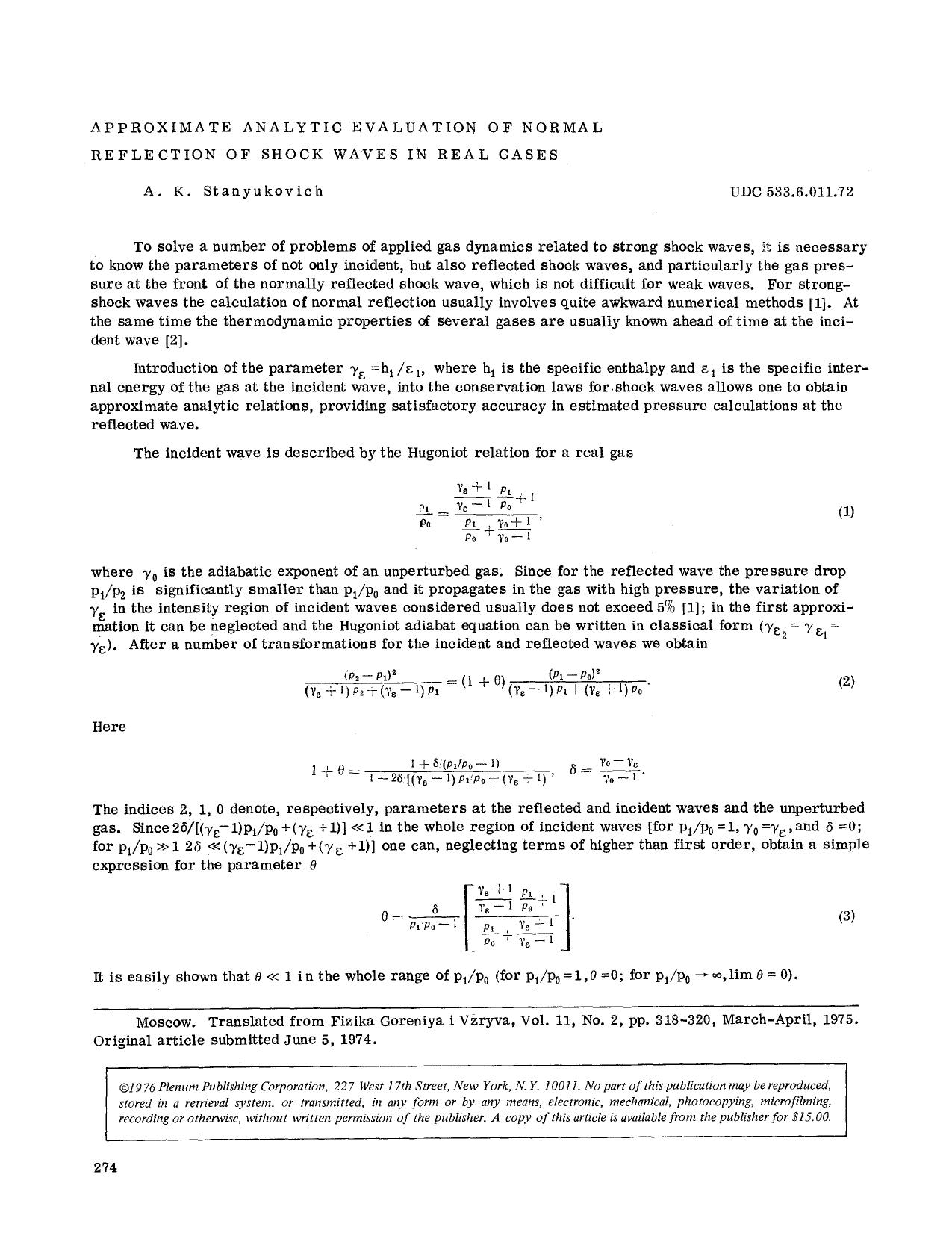 Approximate analytic evaluation of normal reflection of shock waves in real gases by Unknown