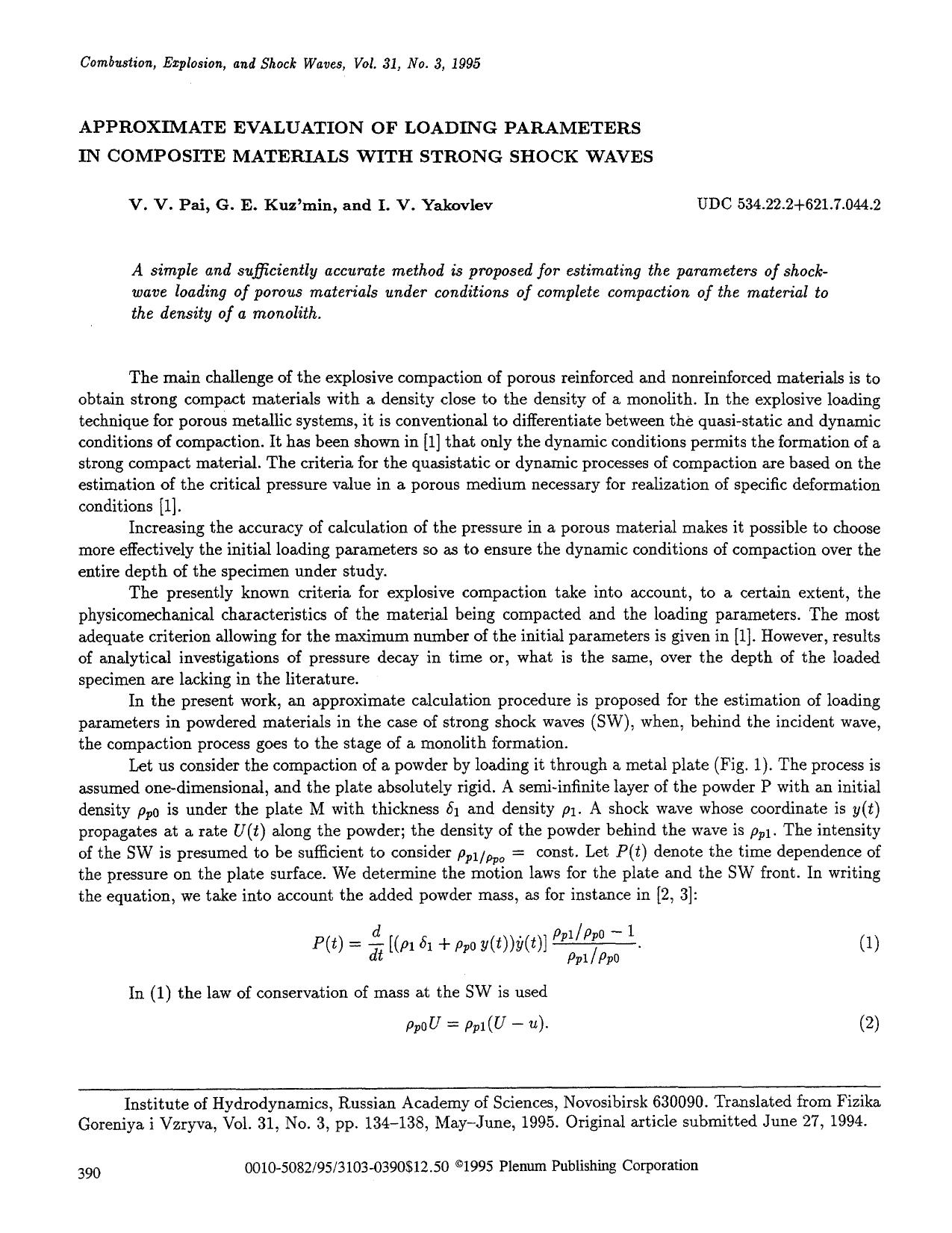 Approximate evaluation of loading parameters in composite materials with strong shock waves by Unknown