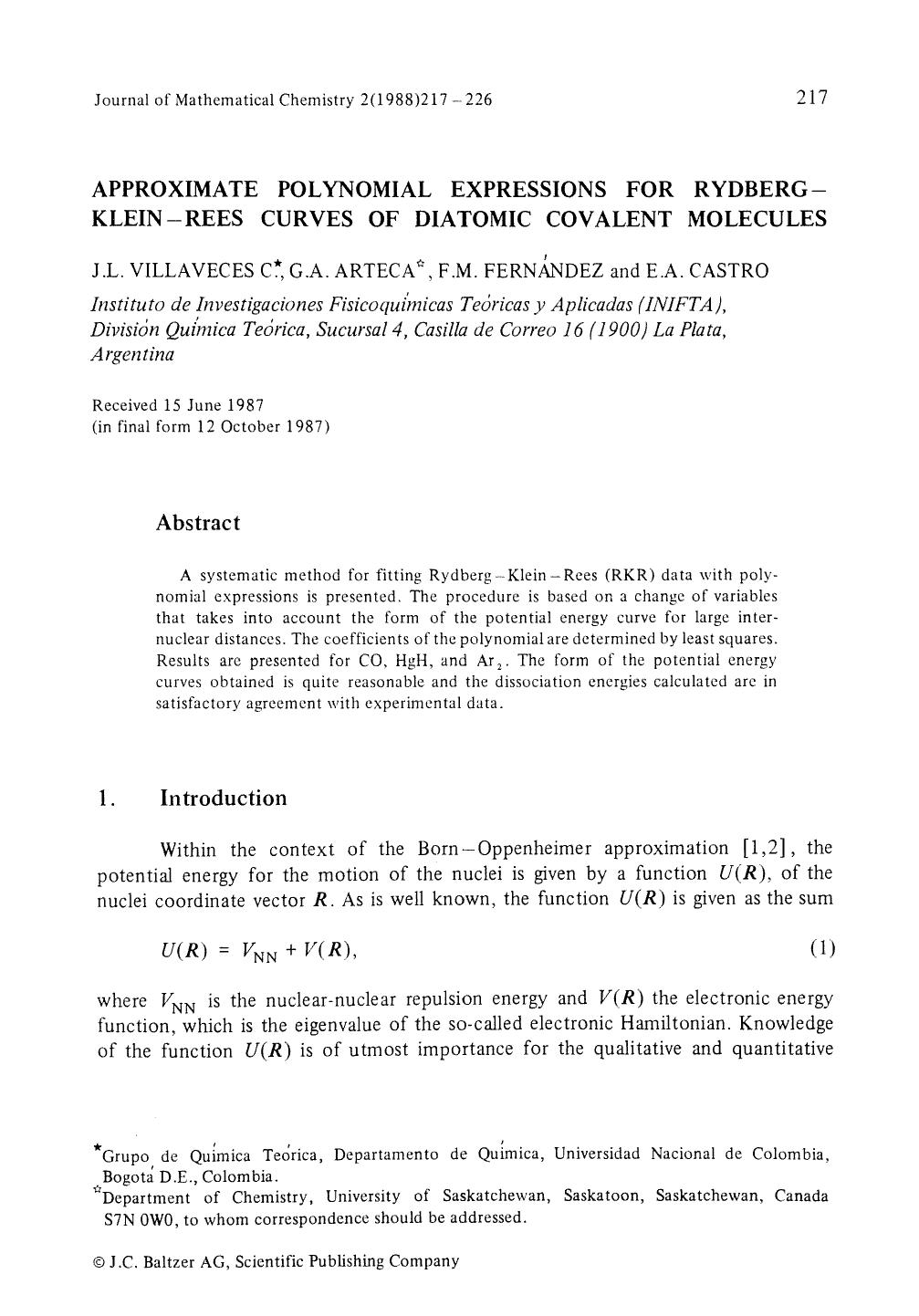 Approximate polynomial expressions for Rydberg-Klein-Rees curves of diatomic covalent molecules by Unknown