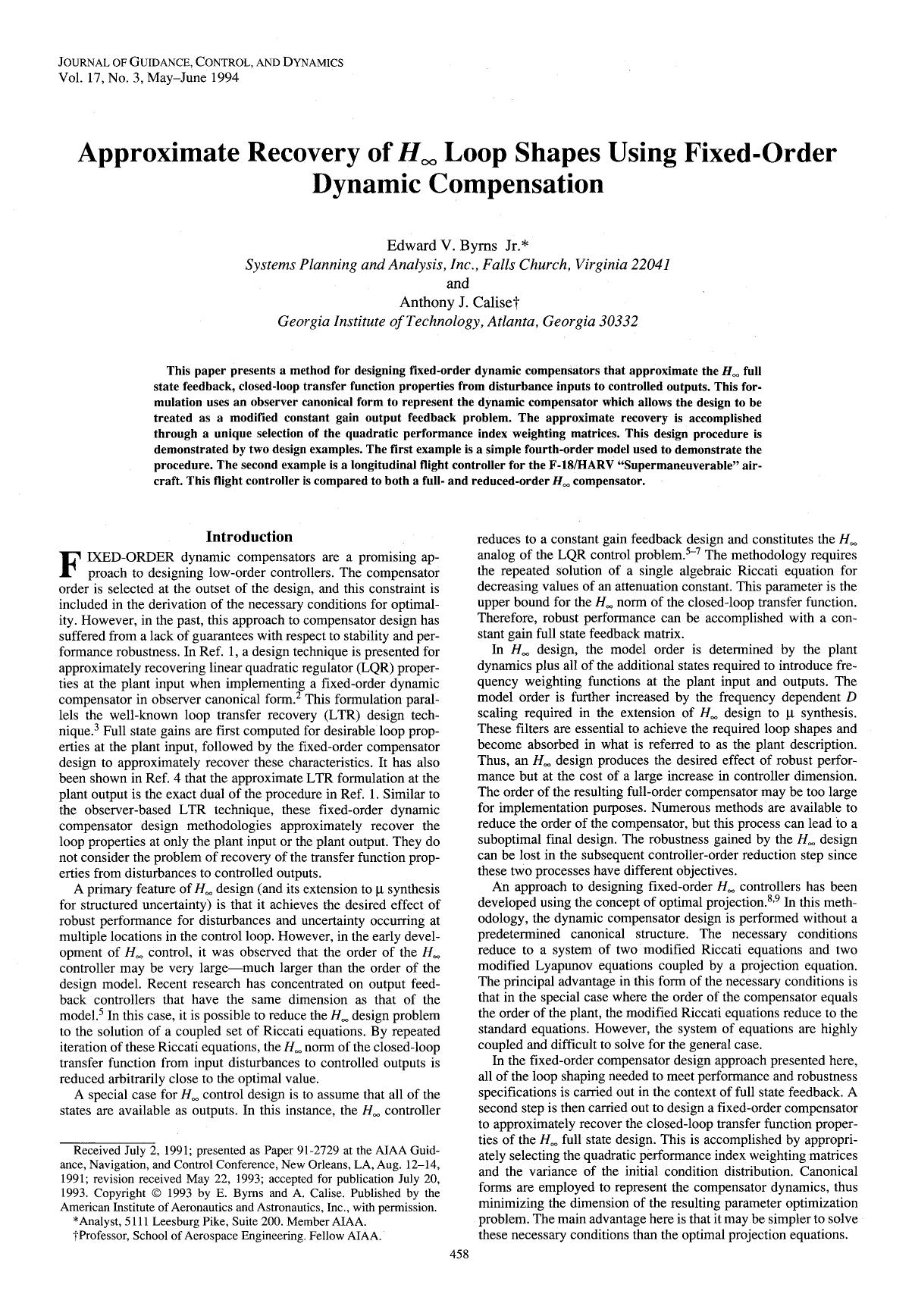 Approximate recovery of H-infinity loop shapes using fixed-order dynamic compensation by Unknown