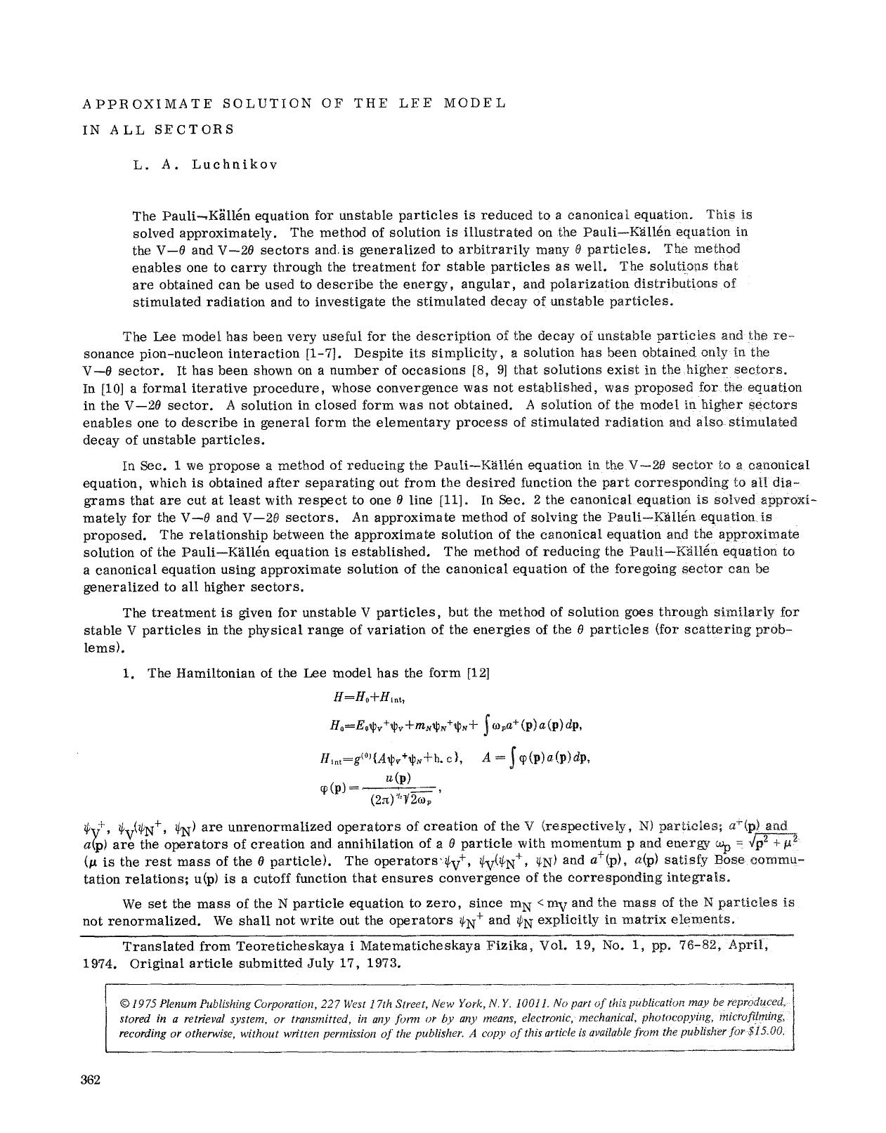 Approximate solution of the Lee model in all sectors by Unknown