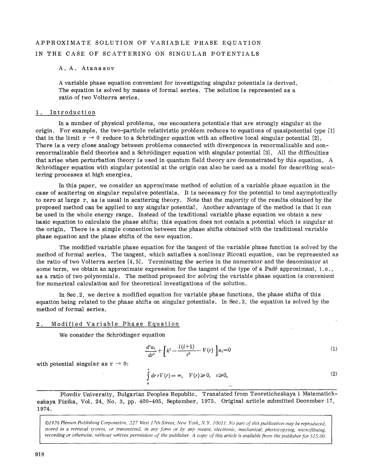 Approximate solution of variable phase equation in the case of scattering on singular potentials by Unknown