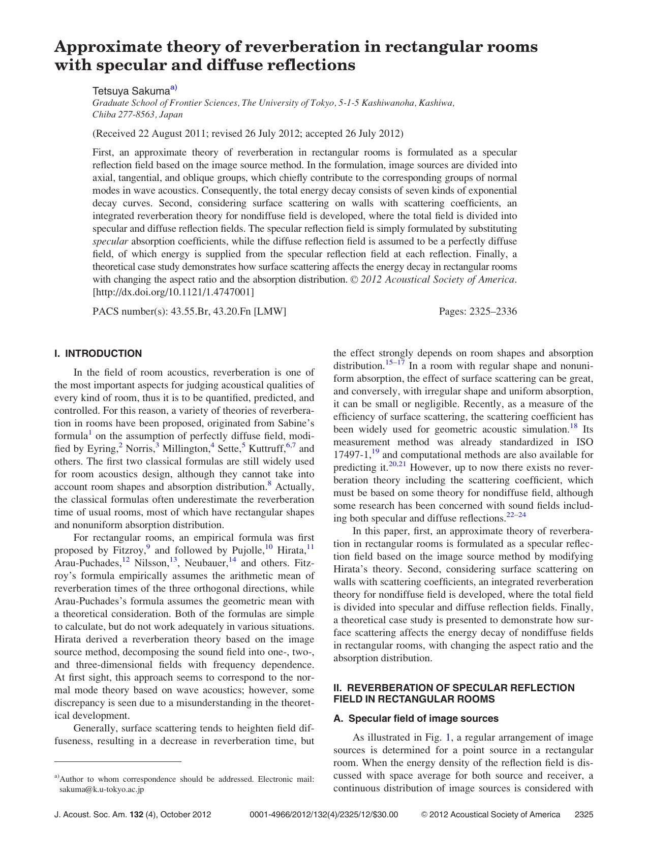 Approximate theory of reverberation in rectangular rooms with specular and diffuse reflections by Tetsuya Sakumaa)