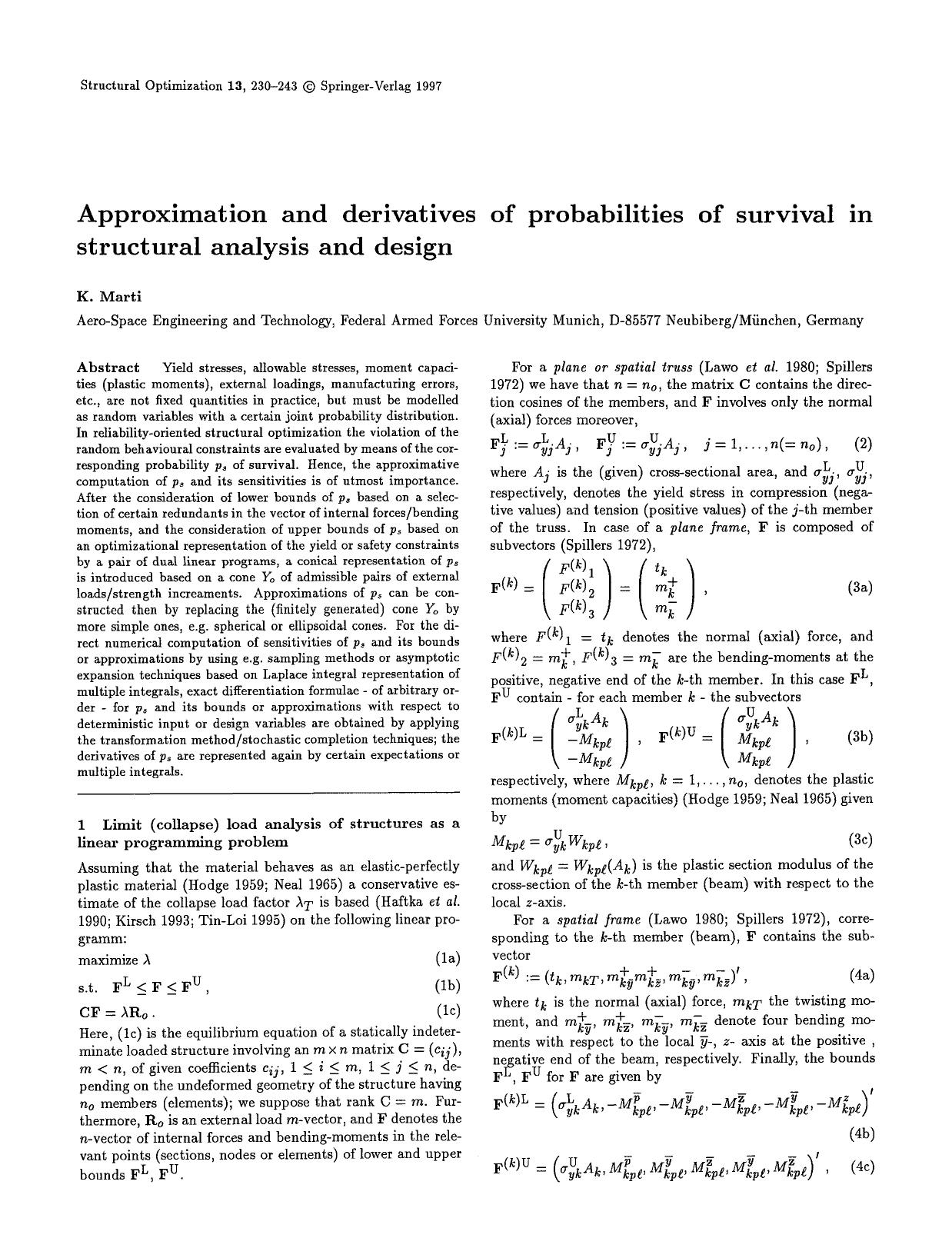 Approximation and derivatives of probabilities of survival in structural analysis and design by Unknown