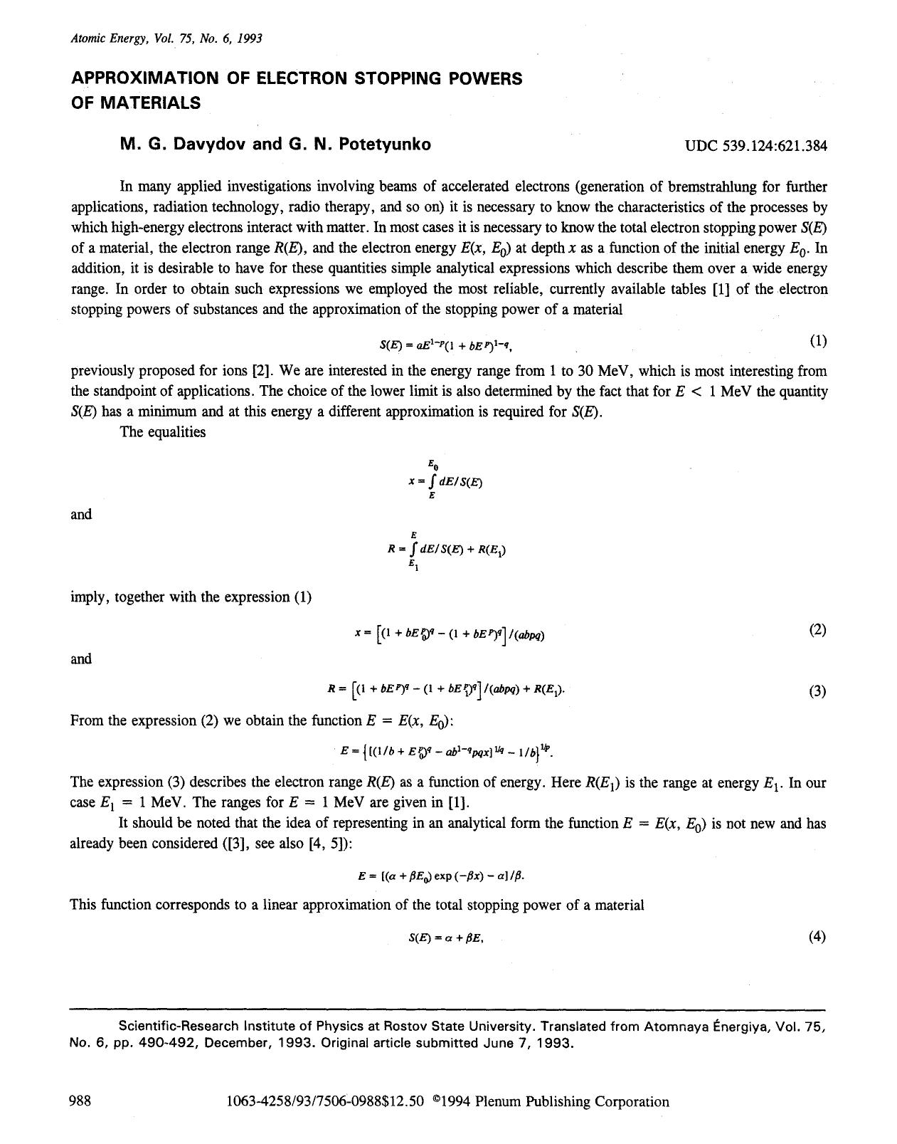 Approximation of electron stopping powers of materials by Unknown