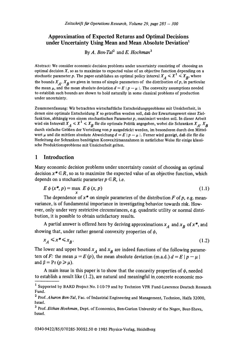 Approximation of expected returns and optimal decisions under uncertainty using mean and mean absolute deviation by Unknown