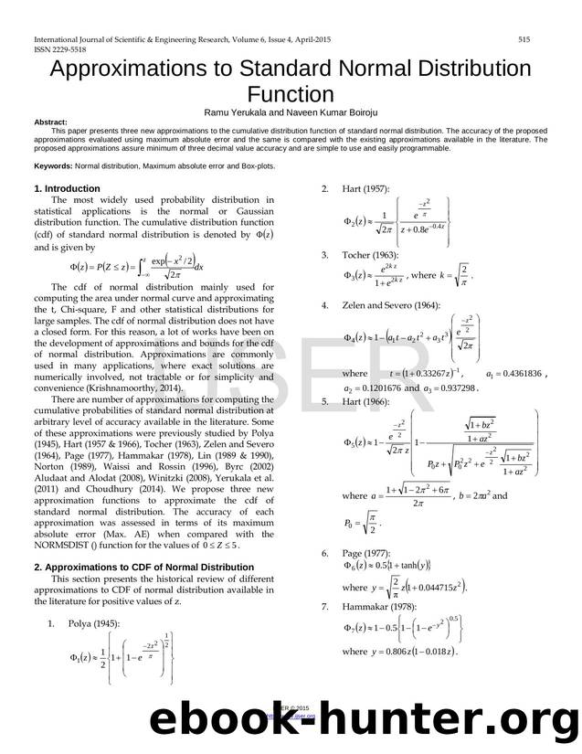 Approximations to Standard Normal Distribution Function by Ramu Yerukala and Naveen Kumar Boiroju
