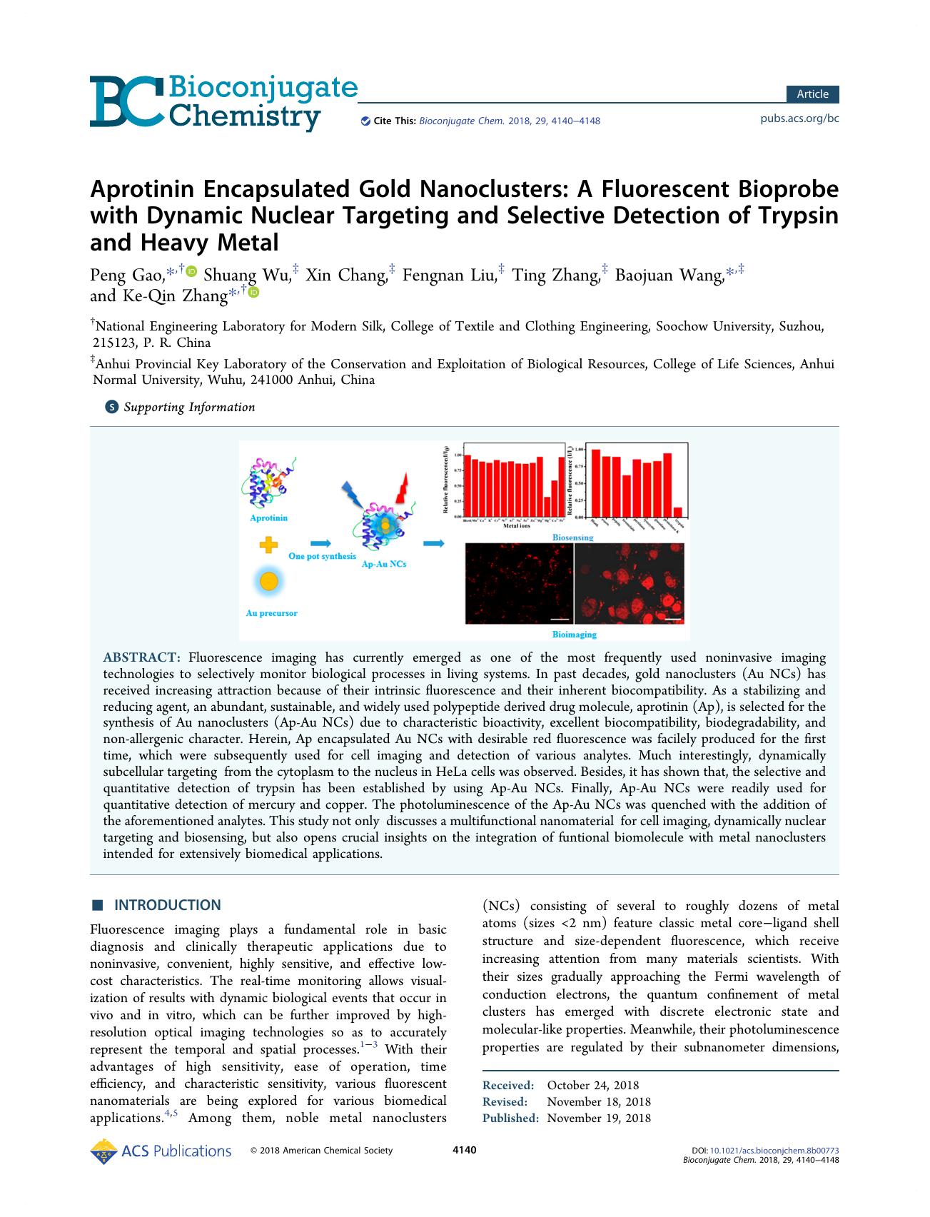 Aprotinin Encapsulated Gold Nanoclusters: A Fluorescent Bioprobe with Dynamic Nuclear Targeting and Selective Detection of Trypsin and Heavy Metal by unknow