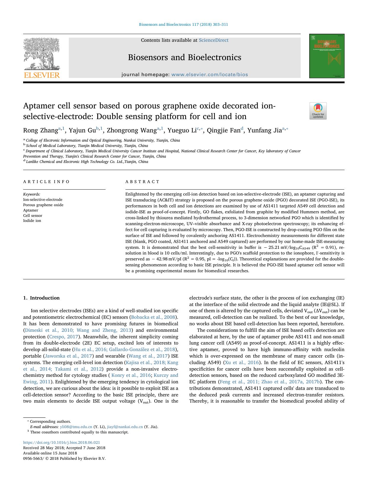 Aptamer cell sensor based on porous graphene oxide decorated ion-selective-electrode_ Double sensing platform for cell and ion by Rong Zhang & Yajun Gu & Zhongrong Wang & Yueguo Li & Qingjie Fan & Yunfang Jia