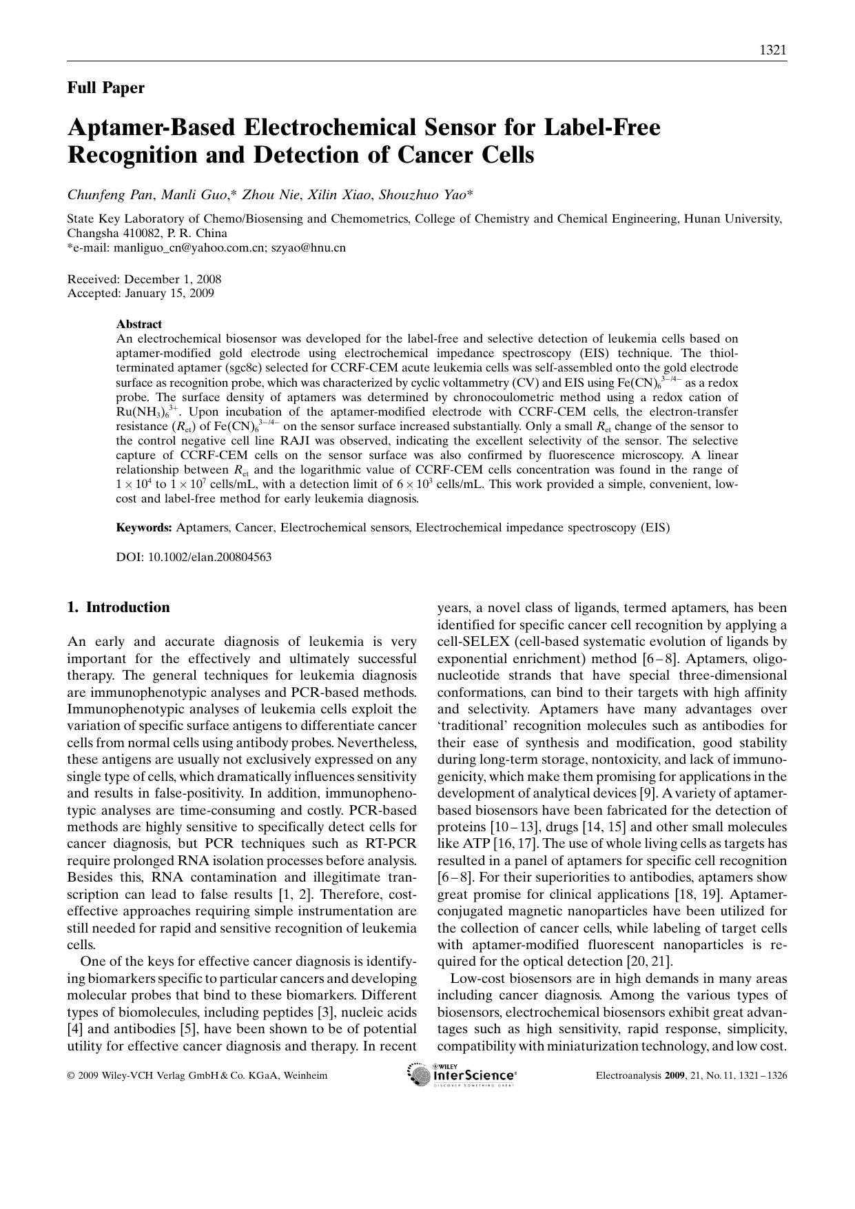 Aptamer-Based Electrochemical Sensor for Label-Free Recognition and Detection of Cancer Cells by Unknown