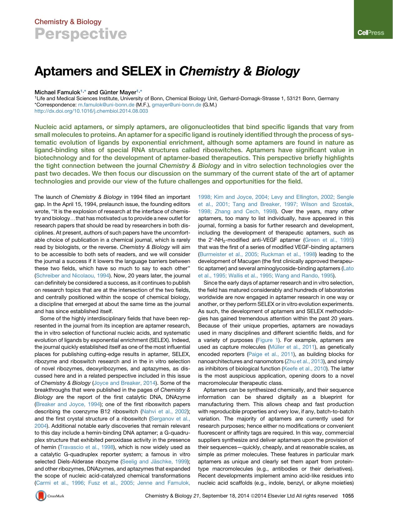 Aptamers and SELEX in Chemistry &amp; Biology by Michael Famulok & Günter Mayer